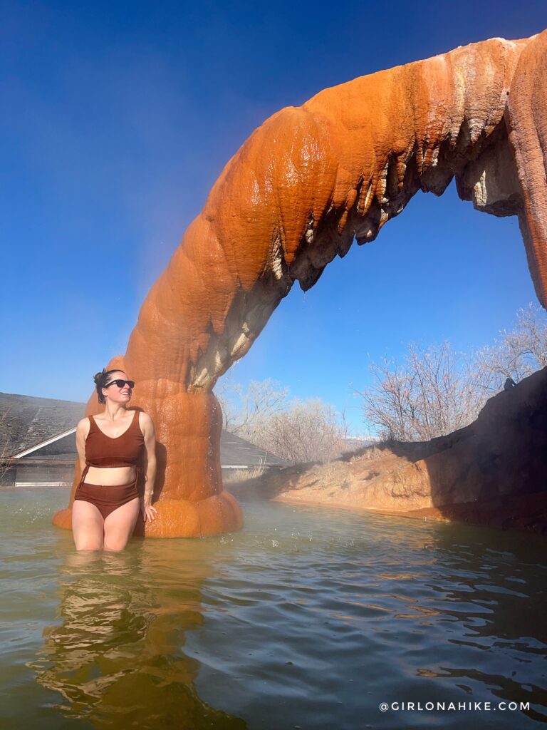 shallow soaking pool at Monroe Hot Springs with natural rock ledge for cooling off