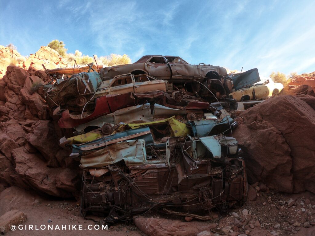 Hiking Catstair Canyon, Stacked Cars near Lake Powell