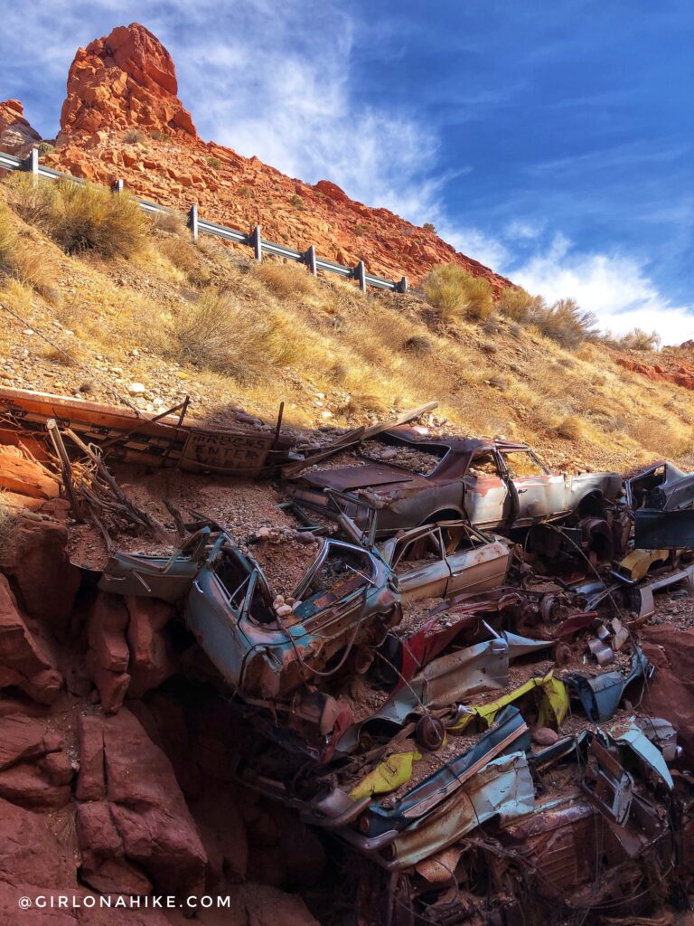 Hiking Catstair Canyon, Stacked Cars near Lake Powell