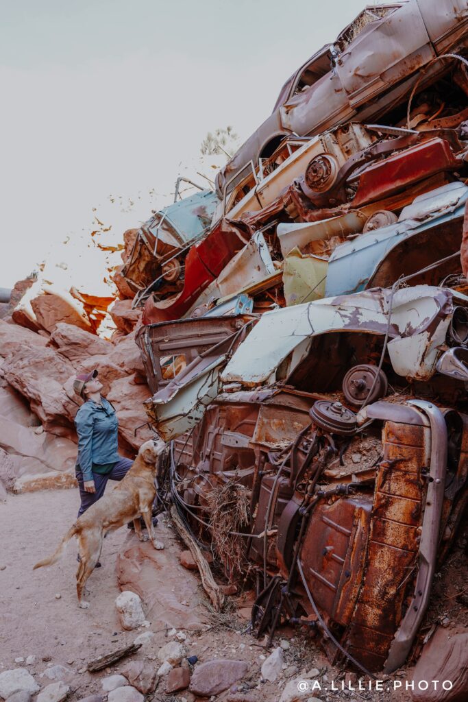 Hiking Catstair Canyon, Stacked Cars near Lake Powell