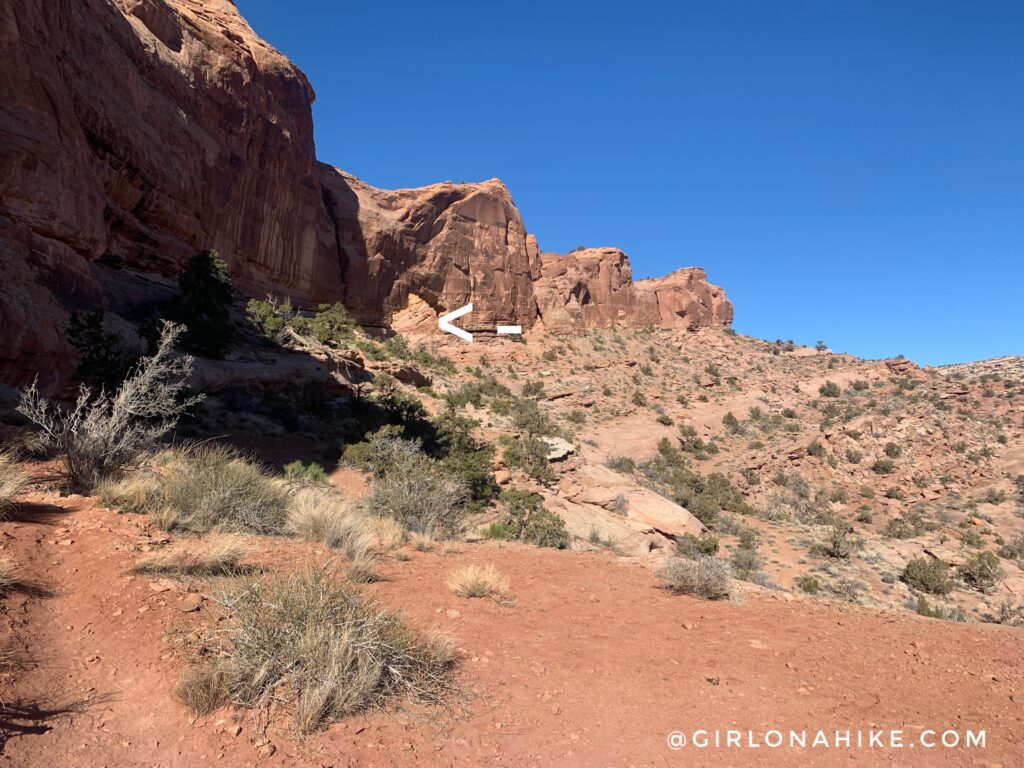 As soon as you pass the barbed wire fence, start keeping an eye out for cairns to guide you. The trail is a mix of slick rock, sandstone, and sand.