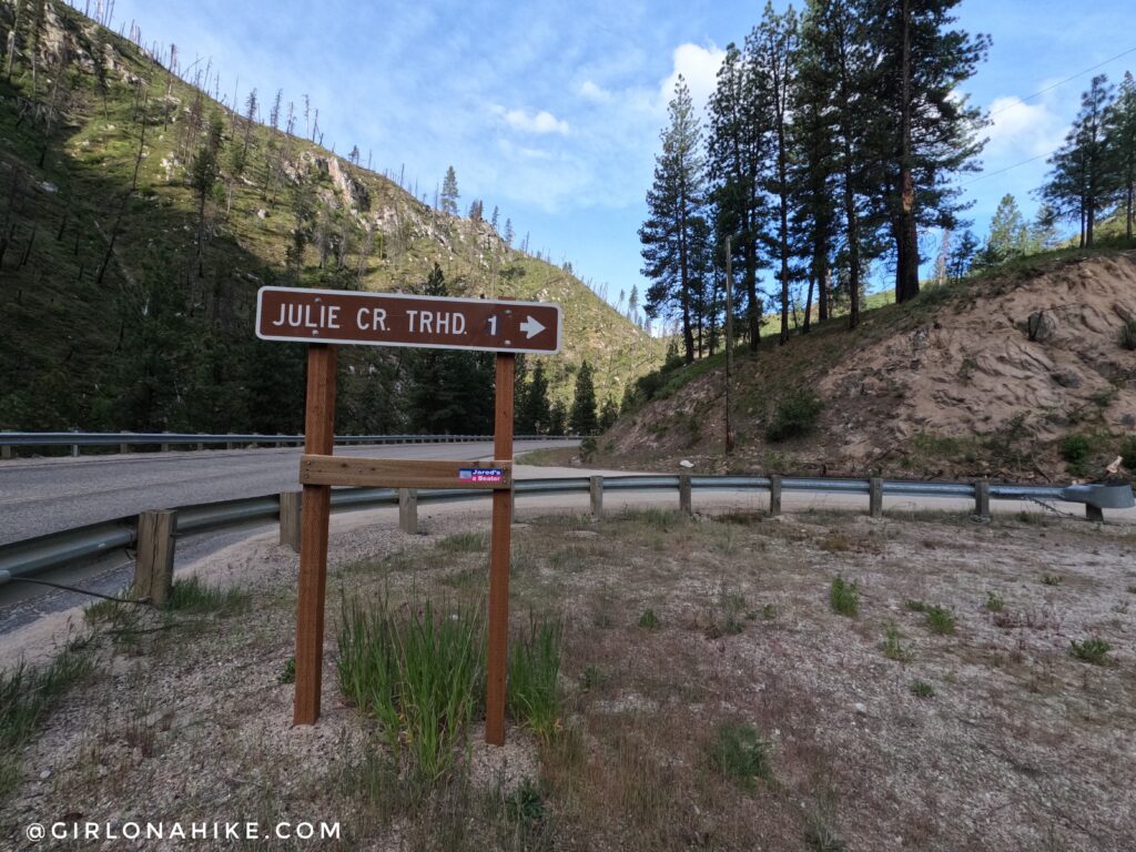Julie Creek Trailhead sign near Deadwood Reservoir Idaho