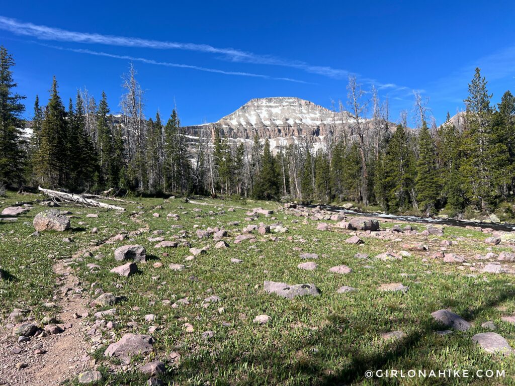 First view of Ryder Lake basin and Mount Agassiz in the Uintas